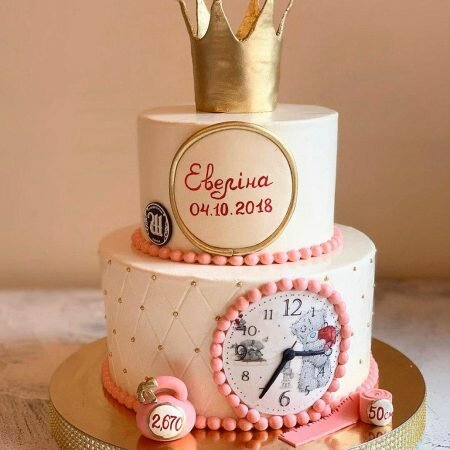 На фото круглый двухъярусный торт с надписью, украшенный сверху короной, производителя кондитерских изделий на заказ Шарлотка.